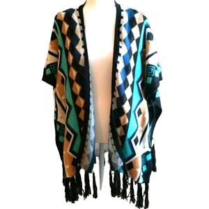 B-Sharp Mohair Blend Shrug Wmn's Sz M Multicolor Knit Fringed Southwestern Wrap